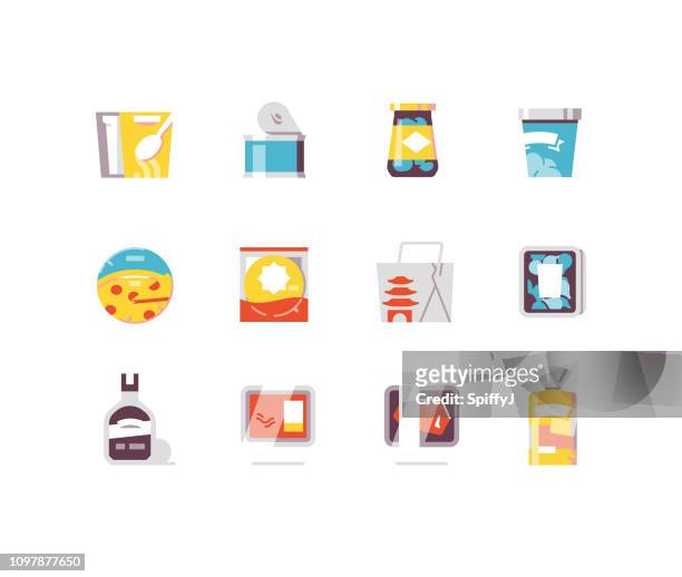 ilustrações, clipart, desenhos animados e ícones de bens de consumo 3 - alimentos plano de ícones - caixa recipiente