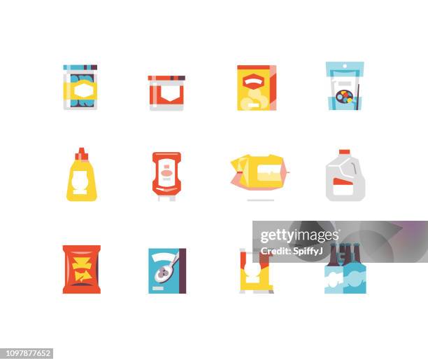 consumer goods 1 - food flat icons - popcorn box icon stock illustrations