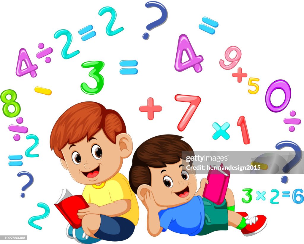Math/reading Image Two Boy Reading Book And Learning Mathematics High-Res Vector Graphic ...