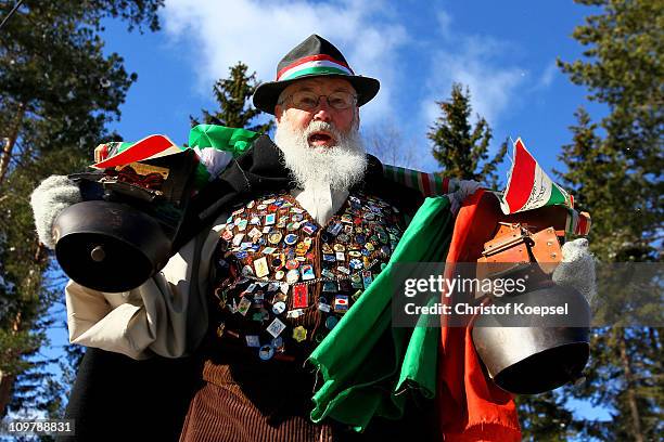 Italy fan cheers on the athletes at in the Ladies Cross Country 30km Mass Start race during the FIS Nordic World Ski Championships at Holmenkollen on...