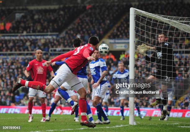 Paul Scharner of West Bromwich Albion heads to score during the Barclays Premier League match between Birmingham City and West Bromwich Albion on...