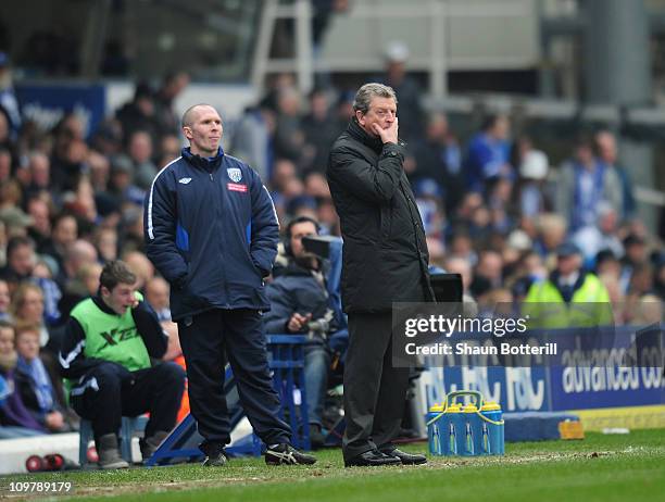 Roy Hodgson the West Bromwich Albion manager looks on during the Barclays Premier League match between Birmingham City and West Bromwich Albion on...