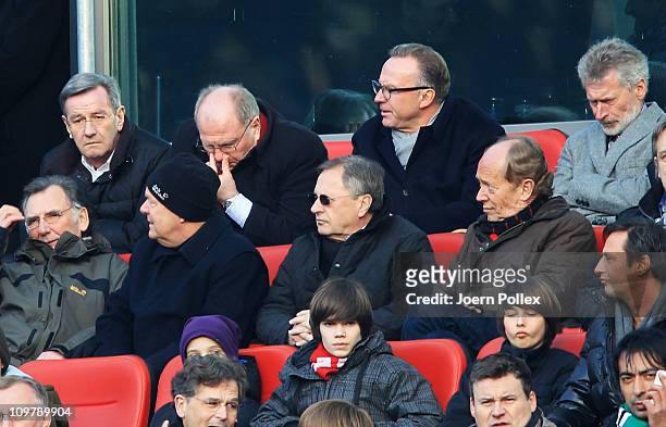 Praesident Uli Hoeness of Bayern is seen during the Bundesliga match between Hannover 96 and FC Bayern Muenchen at AWD Arena on March 5, 2011 in...
