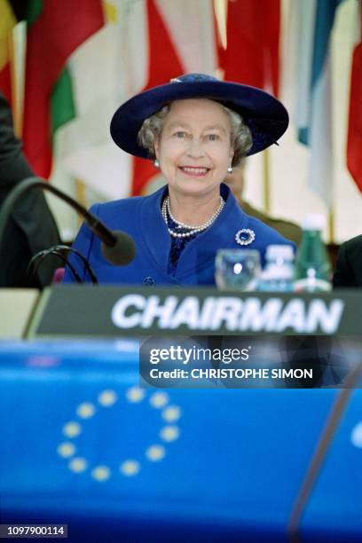 Britain's Queen Elizabeth II adresses members of the European parliament on May 12, 1992 in Strasbourg. The Queen called on the 12 EC members to...