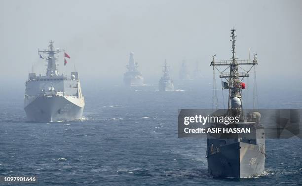 Naval ships from Turkey and China take part in the multinational naval exercises 'AMAN-19' in the Arabian Sea near Pakistan's port city of Karachi on...