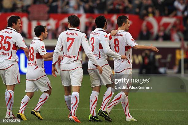 Zdravko Kuzmanovic of Stuttgart celebrates his team's first goal with team mates during the Bundesliga match between VfB Stuttgart and FC Schalke 04...