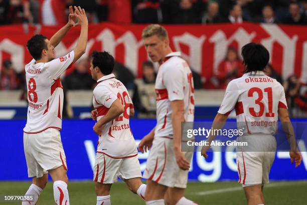 Zdravko Kuzmanovic of Stuttgart celebrates his team's first goal with team mates during the Bundesliga match between VfB Stuttgart and FC Schalke 04...