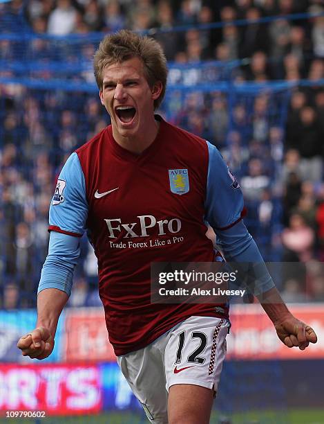 Marc Albrighton of Aston Villa celebrates after scoring his goal during the Barclays Premier League match between Bolton Wanderers and Aston Villa at...