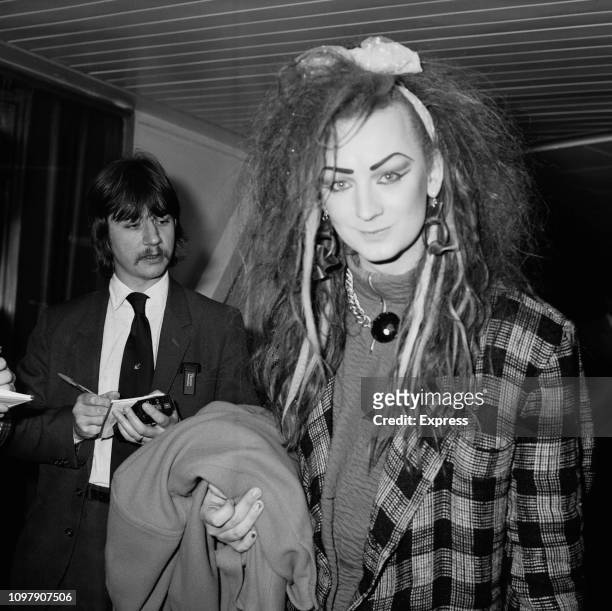 English singer, songwriter, DJ and fashion designer Boy George, UK, 25th April 1984.