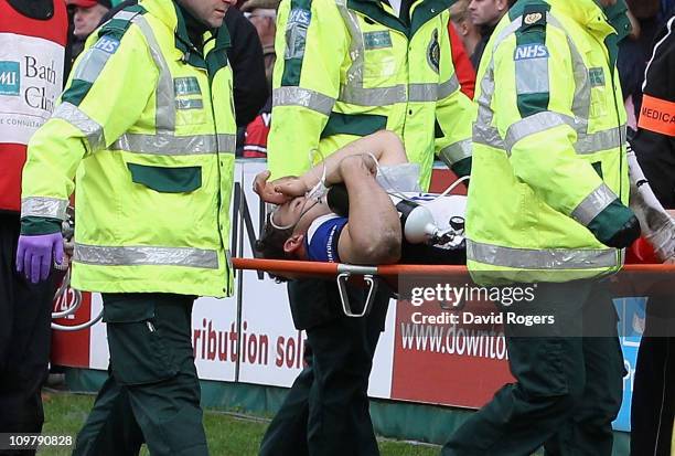 Olly Barkley of Bath is carried off with a suspected broken leg during the Aviva Premiership match between Gloucester and Bath at Kingsholm Stadium...