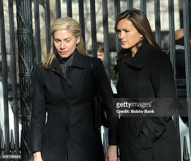 Elizabeth Mitchell and Mariska Hargitay filming on location for "Law & Order: SVU" on the streets of Manhattan on February 23, 2011 in New York City.