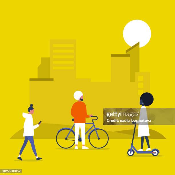 Urban transportation, bikes and electric scooters. Park. Outdoor. Young people walking and riding vehicles. Flat editable vector illustration, clip art