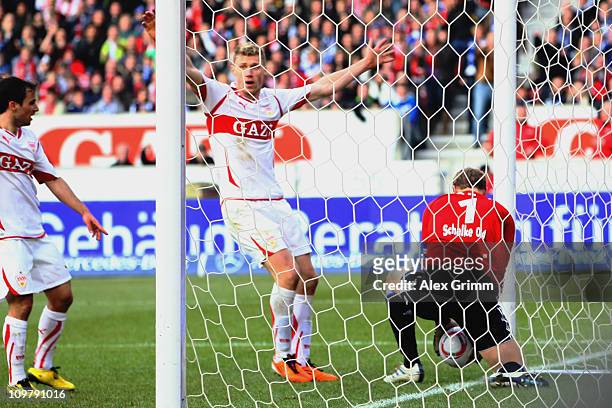 Goalkeeper Manuel Neuer of Schalke catches the ball on the goal line during the Bundesliga match between VfB Stuttgart and FC Schalke 04 at...