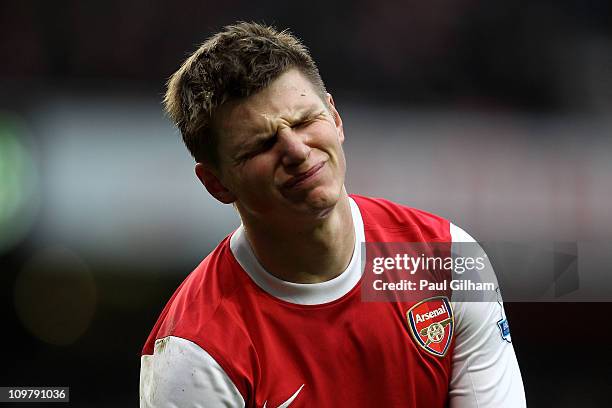 Andrey Arshavin of Arsenal reacta during the Barclays Premier League match between Arsenal and Sunderland at Emirates Stadium on March 5, 2011 in...