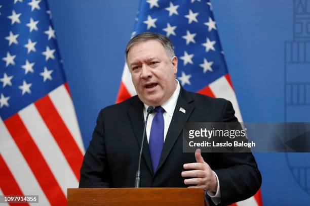Secretary of State Mike Pompeo appears with Hungarian Foreign Minister Peter Szijjarto at the foreign ministry on February 11, 2019 in Budapest,...
