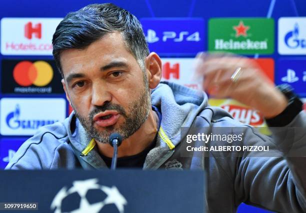 Porto's Portuguese coach Sergio Conceicao speaks during a press conference on February 11, 2019 at the Olympic stadium in Rome, on the eve of the...