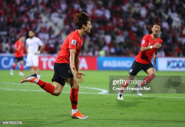 Kim Jin-Su of South Korea celebrates as he scores his team's second goal during the AFC Asian Cup round of 16 match between South Korea and Bahrain...