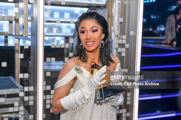 Cardi B is seen backstage after winning album of the year at THE 61ST ANNUAL GRAMMY AWARDS, broadcast live from the STAPLES Center in Los Angeles,...