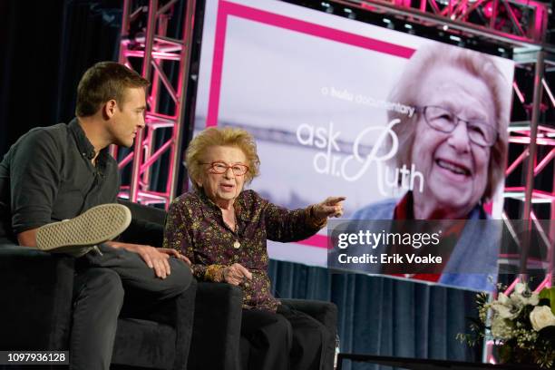 Ryan White and Dr. Ruth Westheimer of 'Ask Dr. Ruth' speak onstage during the Hulu Panel during the Winter TCA 2019 on February 11, 2019 in Pasadena,...