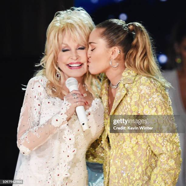 Dolly Parton and Miley Cyrus perform onstage during the 61st Annual GRAMMY Awards at Staples Center on February 10, 2019 in Los Angeles, California.