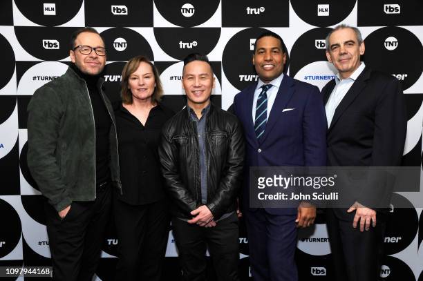 Donnie Wahlberg, Nancy Duffy, B.D. Wong, Joey Jackson, and CNN EVP Ken Jautz pose in the green room during the TCA Turner Winter Press Tour 2019 at...