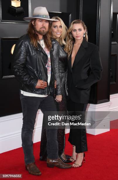 Billy Ray Cyrus, Tish Cyrus and Miley Cyrus attend the 61st Annual GRAMMY Awards at Staples Center on February 10, 2019 in Los Angeles, California.