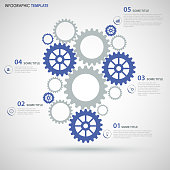 Info graphic with blue gray flat gear wheels design template
