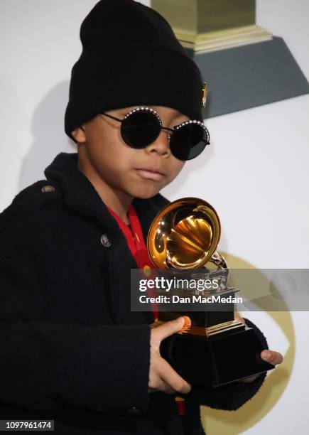 Anderson .Paak's son Soul Rasheed poses in the press room with his award for Best Rap Performance award for 'Bubblin,' during the 61st Annual GRAMMY...