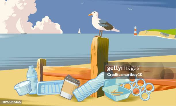 ilustraciones, imágenes clip art, dibujos animados e iconos de stock de escena de playa junto al mar con cama - polietileno