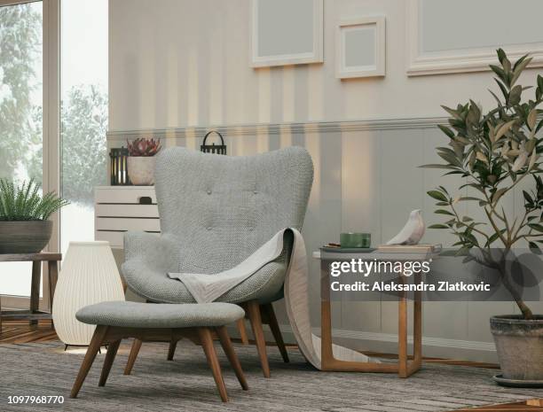 armchair in the living room - living room table stock pictures, royalty-free photos & images