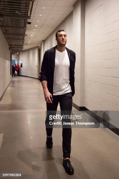 Miles Plumlee of the Atlanta Hawks arrives to the arena prior to the game against the Toronto Raptors on February 7, 2019 at State Farm Arena in...