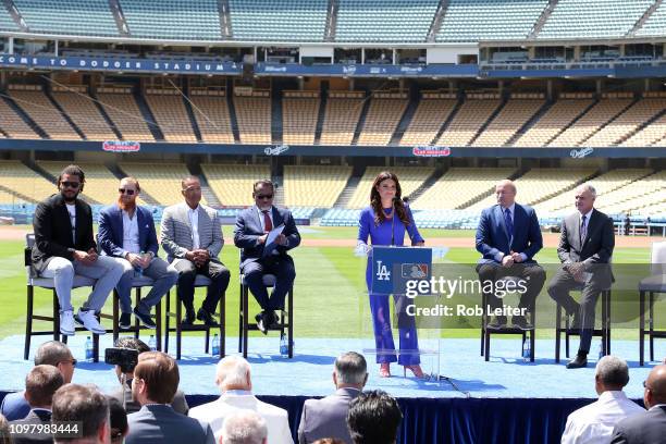 Alanna Rizzo speaks at the 2020 All Star Game press conference as Kenley Jansen, Justin Turner, Dave Roberts, Gilbert Cedillo, Rob Manfred and Stan...