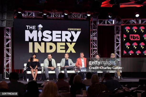 Jameela Jamil, Brian Quinn, James Murray, Joseph Gatto, Sal Vulcano, and Andy Breckman of 'The Misery Index' speak onstage during the TBS portion of...