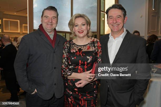 Brendan Coyle, Sara Stewart and Adrian Lukis attend the press night after party for "The Price" at The National Cafe on February 11, 2019 in London,...