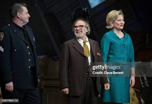 Brendan Coyle, David Suchet and Sara Stewart bow at the curtain call during a press night performance of "The Price" at Wyndhams Theatre on February...