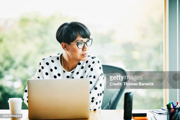 portrait of mature businesswoman working on laptop at workstation in office - interface dots stock-fotos und bilder