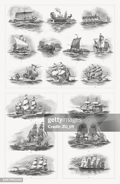 ilustraciones, imágenes clip art, dibujos animados e iconos de stock de tipos históricos de barcos desde la antigüedad hasta el siglo xix - vintage steamship