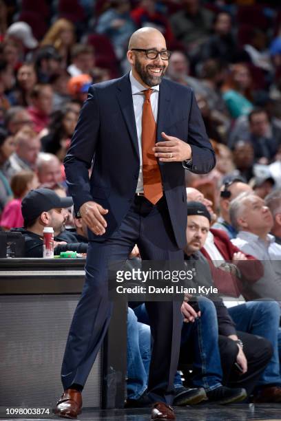 Head Coach David Fizdale of the New York Knicks reacts to a play during the game against the Cleveland Cavaliers on February 11, 2019 at Quicken...