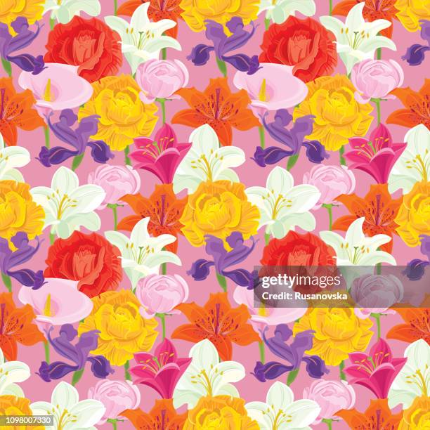 rose, iris, white lily, ranunculus, calla lily. floral seamless pattern - iris flower stock illustrations