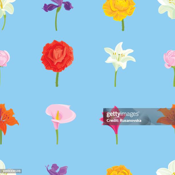 rose, iris, white lily, ranunculus, calla lily. floral seamless pattern - iris flower stock illustrations