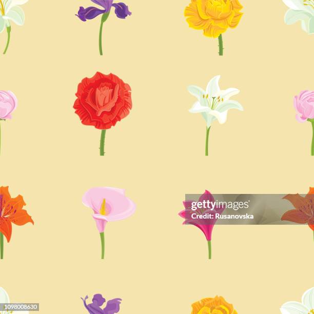 rose, iris, white lily, ranunculus, calla lily. floral seamless pattern - iris flower stock illustrations
