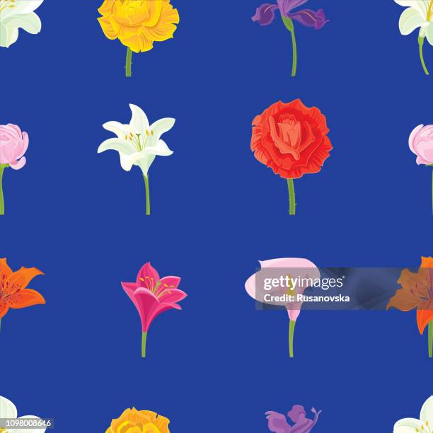 rose, iris, white lily, ranunculus, calla lily. floral seamless pattern - iris flower stock illustrations
