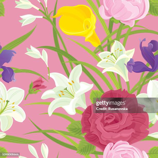 rose, iris, white lily, ranunculus, calla lily. floral seamless pattern - iris flower stock illustrations