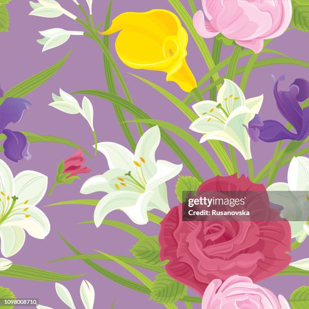 rose, iris, white lily, ranunculus, calla lily. floral seamless pattern - iris flower stock illustrations