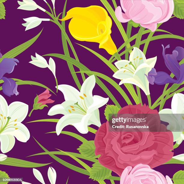 rose, iris, white lily, ranunculus, calla lily. floral seamless pattern - iris flower stock illustrations