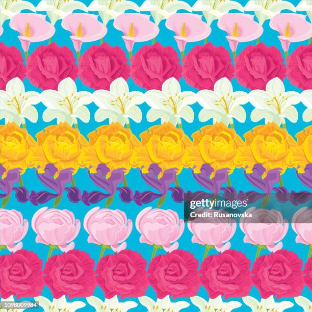 rose, white lily, iris, ranunculus, orange lily. floral seamless pattern. - iris flower stock illustrations