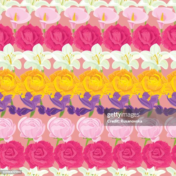 rose, white lily, iris, ranunculus, orange lily. floral seamless pattern. - iris flower stock illustrations