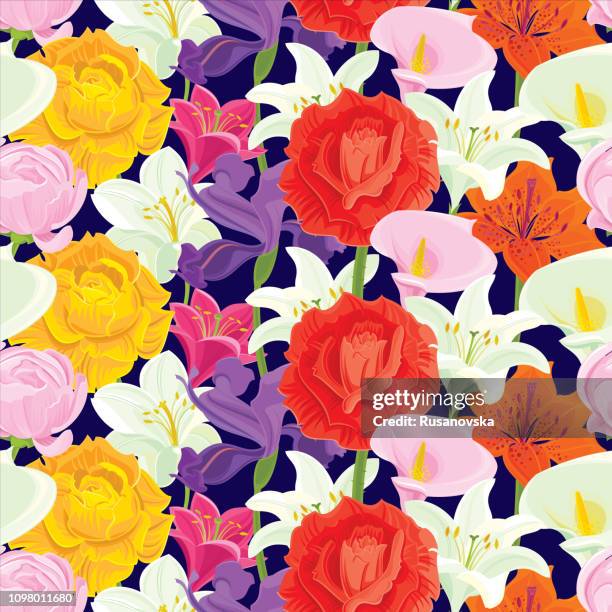 rose, white lily, iris, ranunculus, orange lily. floral seamless pattern. - iris flower stock illustrations