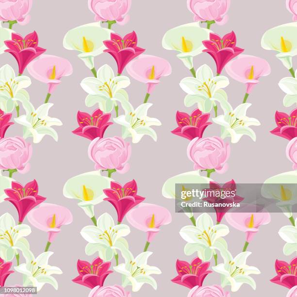 calla lily, white lily and ranunculus. floral seamless pattern. - calla lily stock illustrations