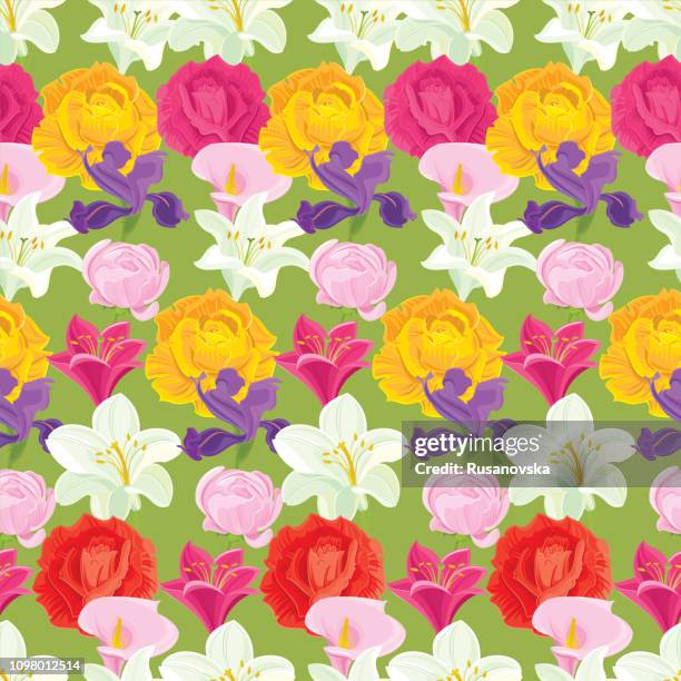 rose, white lily, iris, ranunculus. floral seamless pattern. - calla lily vector stock illustrations